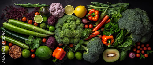 Group of vegetables  Top view with aesthetic arrangement  Black background.