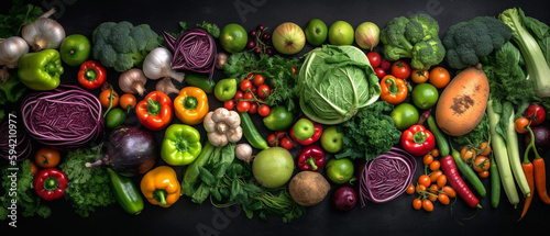 Group of vegetables, Top view with aesthetic arrangement, Black background. © AhmadSoleh