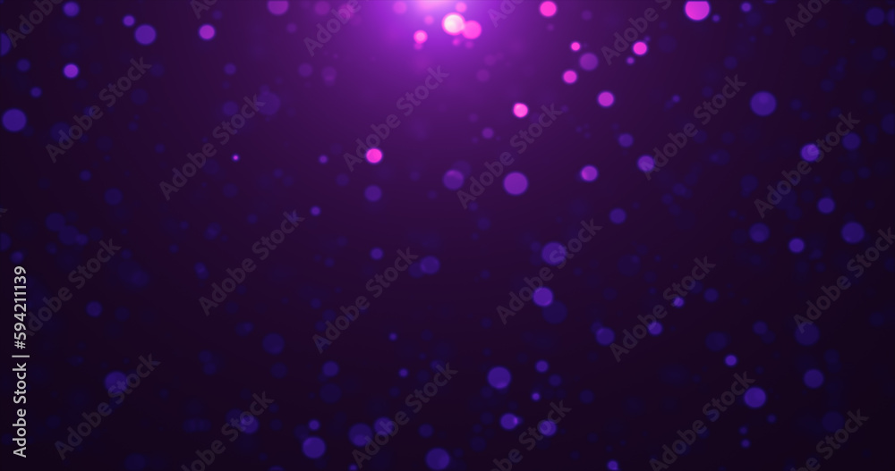 Abstract background of purple luminous particles and bokeh dots of festive energy magic