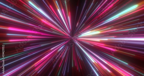 Abstract tunnel of multicolored glowing bright neon laser energy beams lines abstract background