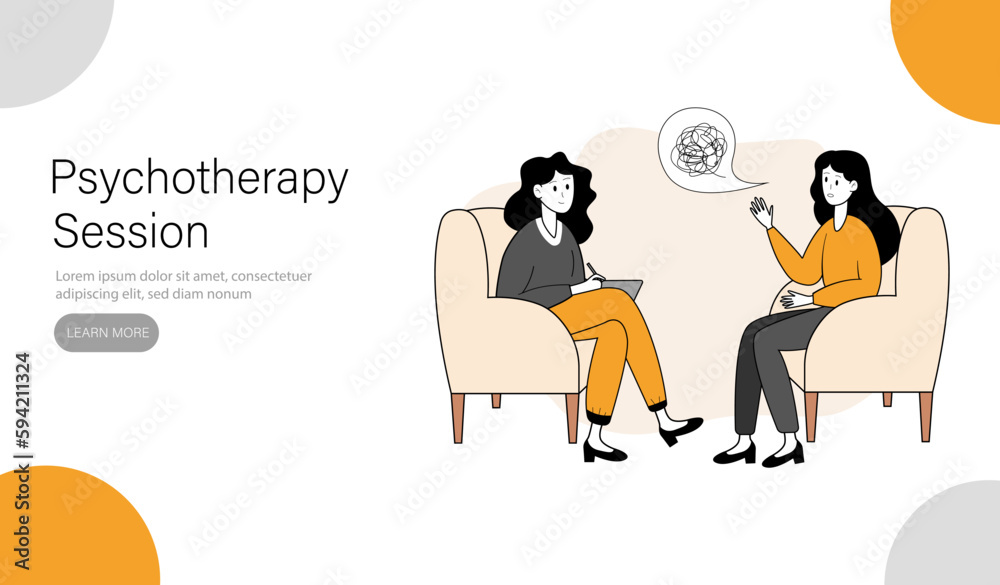 Landing page template or banner. Woman is talking to a psychologist. Vector illustration.