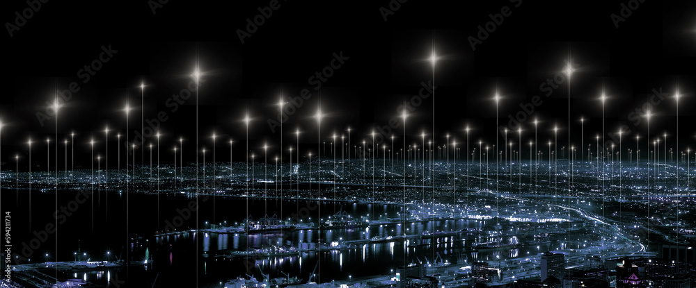 Data, network and cyber with city at night for connection, cyber and cloud computing. Technology abstract, communication and futuristic with skyline of urban town for internet, media and light