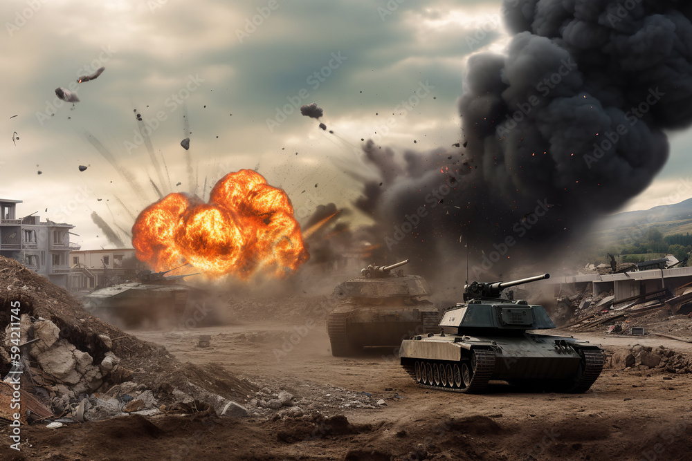 Military tanks under gunfire. Explosion and destructions caused by war. Generative AI Military tanks under gunfire. Explosion and destructions caused by war. Generative AI