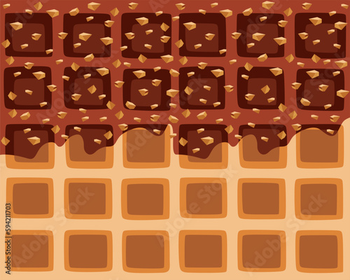 Dripping chocolateand nuts flowing over belgian waffle texture background, vector art and illustration.