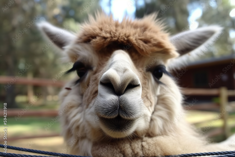 Obraz premium Cute llama face at rest in hammock. Generative AI
