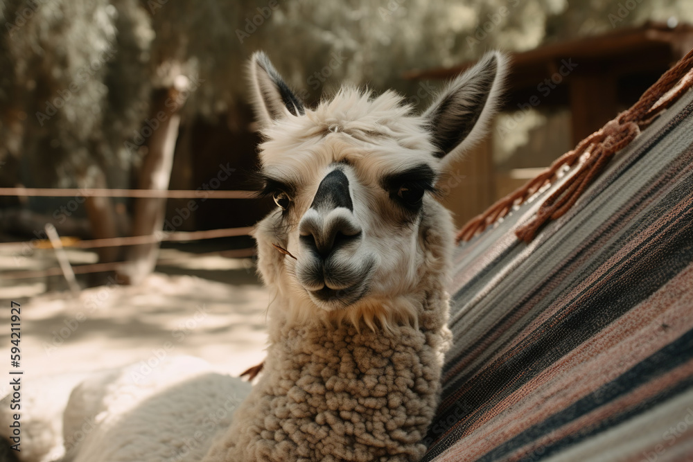 Obraz premium Cute llama face at rest in hammock. Generative AI