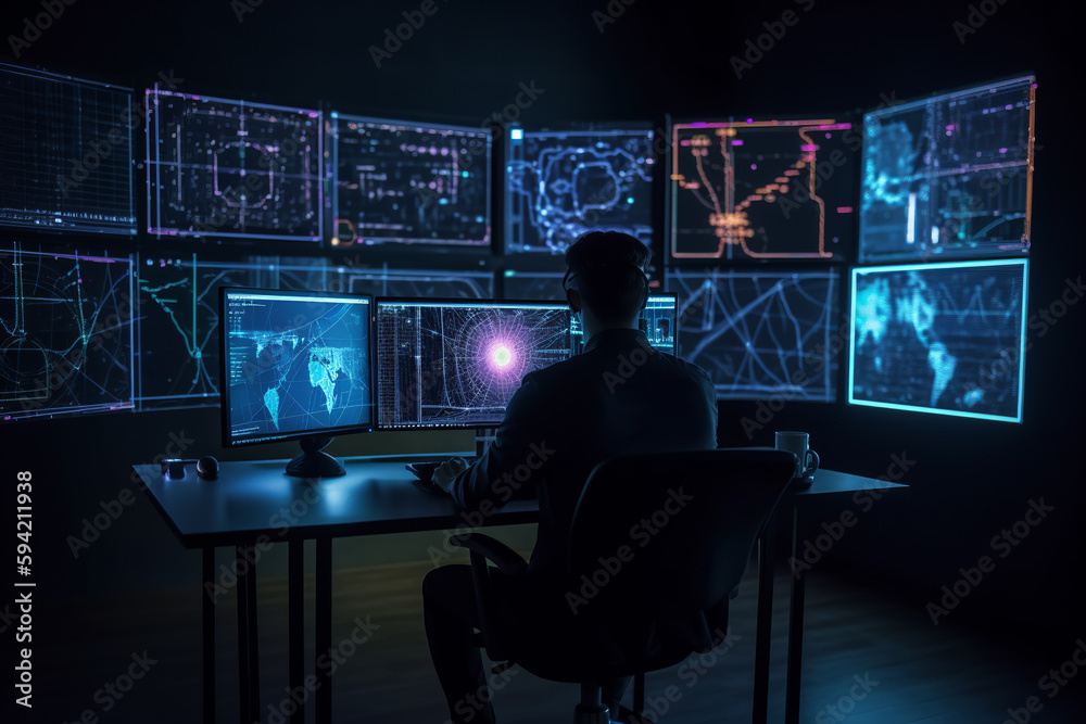 Rear view of analyst working with computer in business analytics system. Generative AI Rear view of analyst working with computer in business analytics system. Generative AI