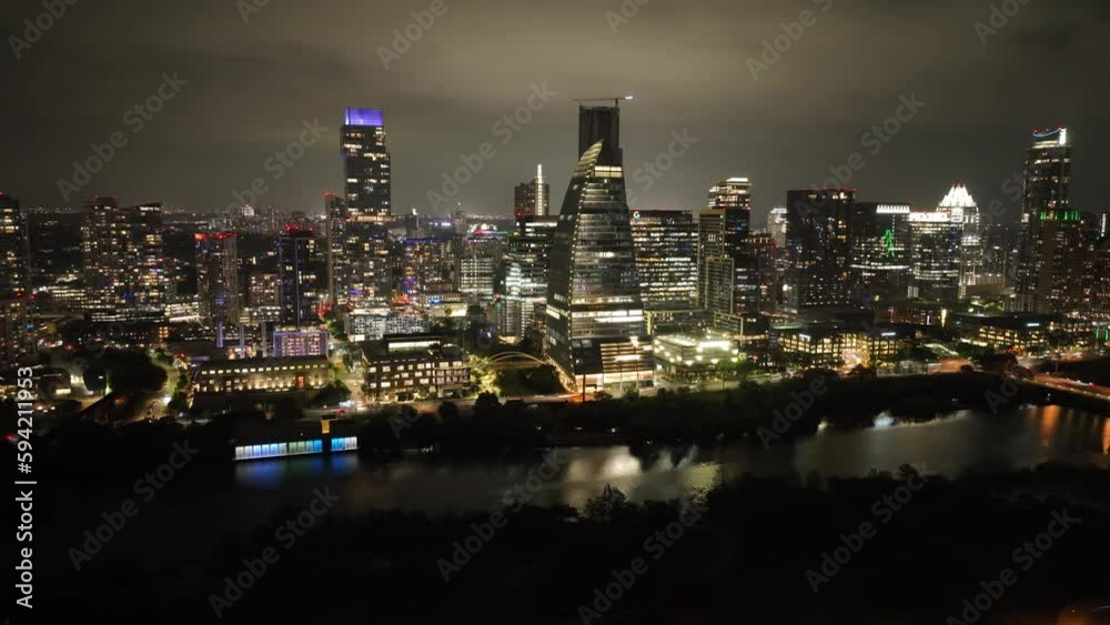 Downtown Austin, Texas at night with drone video Timelapse in a circle and turning. Downtown Austin, Texas at night with drone video Timelapse in a circle and turning.