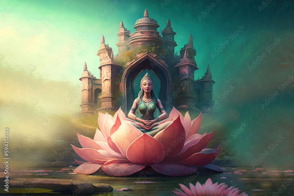 Meditation yoga in the lotus position on a beautiful fantasy colored background. Generative AI