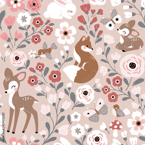 Canvas Print Seamless vector pattern with cute woodland animals and flowers