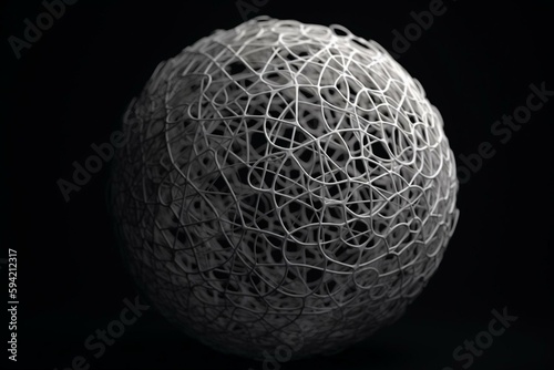 White mesh  deformed sphere. Black background  close-up. Abstract illustration  3d render. Generative AI