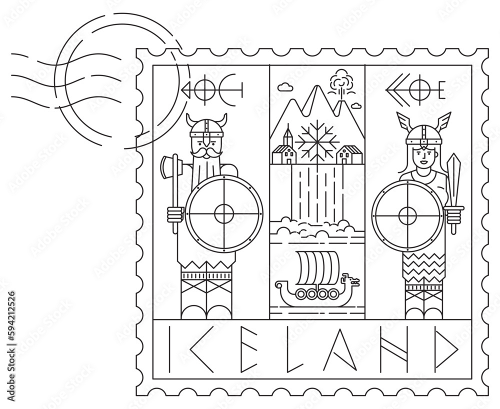 Fototapeta premium Iceland pen sketch illustration. Poster, Wall Decoration, Postcard, Social Media Banner, Brochure Cover Design Background. Vector Pattern.