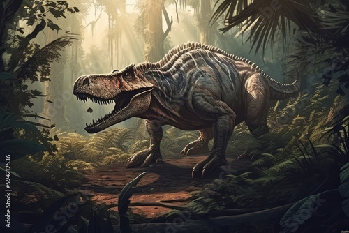 Extremely detailed and realistic illustration of dinosaur  t rex hunting in prehistoric jungle  generative AI