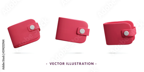Collection of 3d vector red empty money wallets in different points of view web mockup element for commercial and banking app design