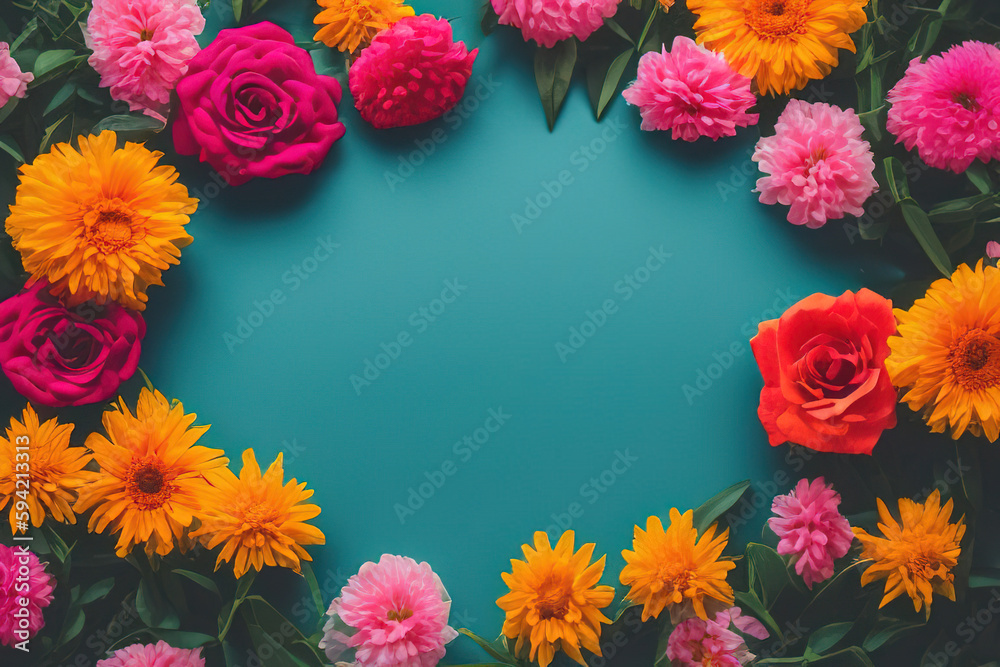 flat lay view of flowers on blue background, generative, ai flat lay view of flowers on blue background, generative, ai