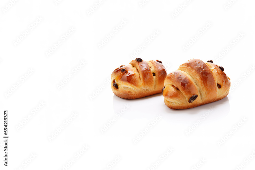 a group of buns with raisin toppings isolated on solid white background with copy space. Created with Generative AI Technology