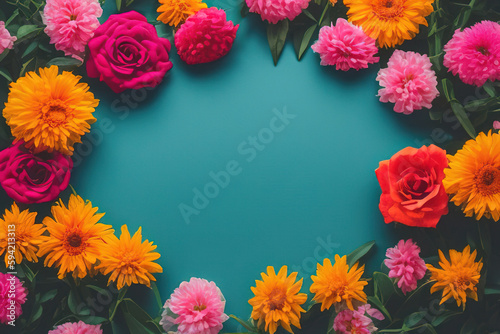 flat lay view of flowers on blue background, generative, ai 