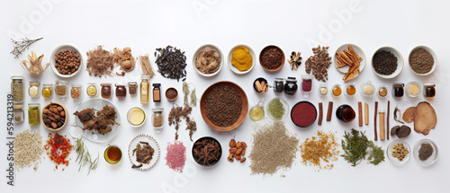 Group of traditional medicine, top view with aesthetic arrangement on concrete background.