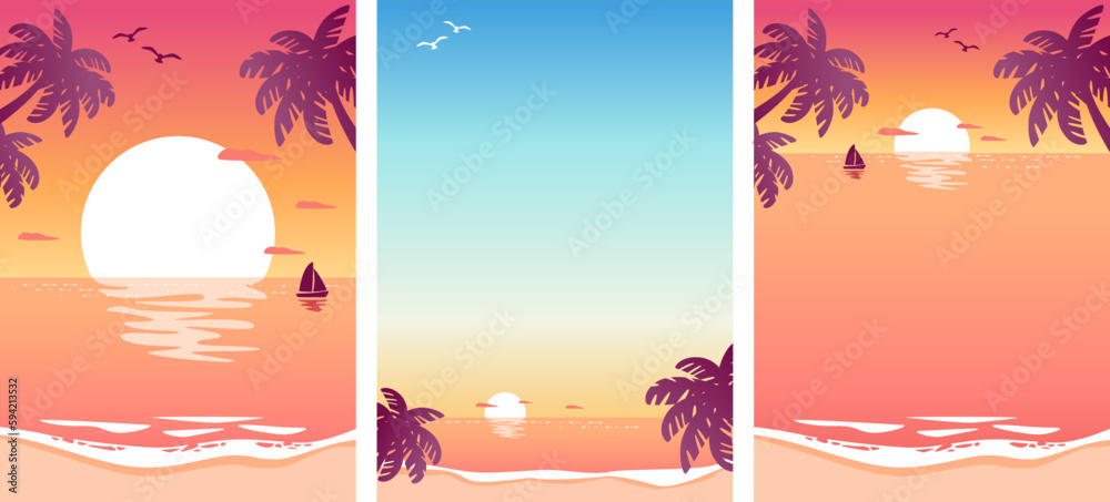 Sunset sea landscape banner set - obrazy, fototapety, plakaty 
