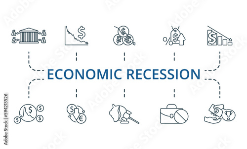 Economic recession outline set. Creative icons: bank run, stock market crash, currency crisis, inflation, recession, economic bubble, exchange rate fall, bankruptcy, unemployment, corruption.