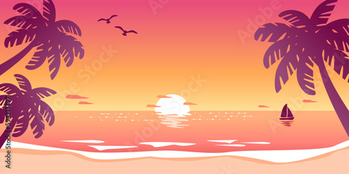 Sunset beach landscape with palm trees © ちぬまる