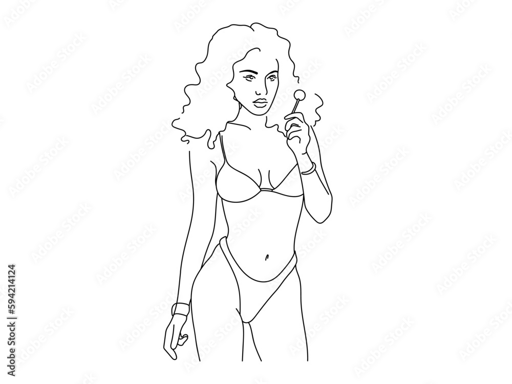 Girl in a summer swimsuit in line art style on a white background. Fashion model outline Girl in a summer swimsuit in line art style on a white background. Fashion model outline