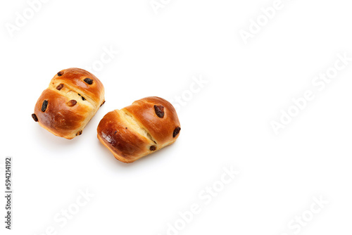 top view, a group of buns with raisin toppings isolated on solid white background with copy space. Created with Generative AI Technology