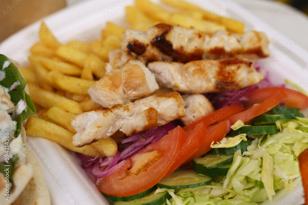 Lunch box with roasted pork meat, fresh vegetables and fries. Traditional Greek meal served for take away