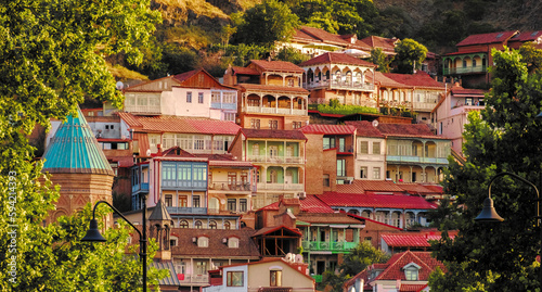 Colorful traditional houses with wooden carved balconies in the Old Town of Tbilisi, Georgia. photo