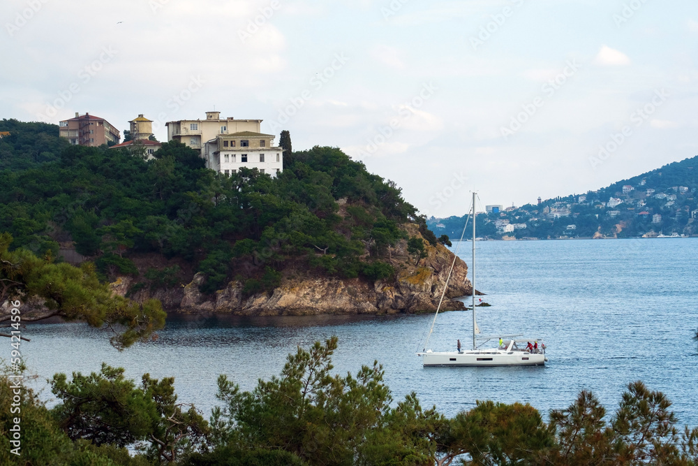 Scenic view of yachts and coastline on Heybeliada Island, Istanbul, Turkey. Sunny day on marina.