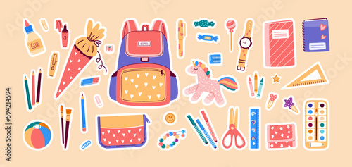 Back to school stickers with stationery objects.Vector illustration flat style