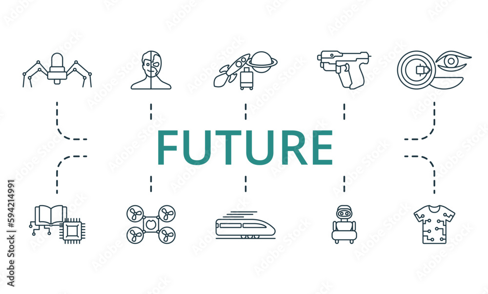 Fototapeta premium Future outline set. Creative icons: nanobot, cyborg, space tourism, hi-tech weapon, nano contact lenses, cybernetics, space drones, high speed train, personal robot, smart clothing.