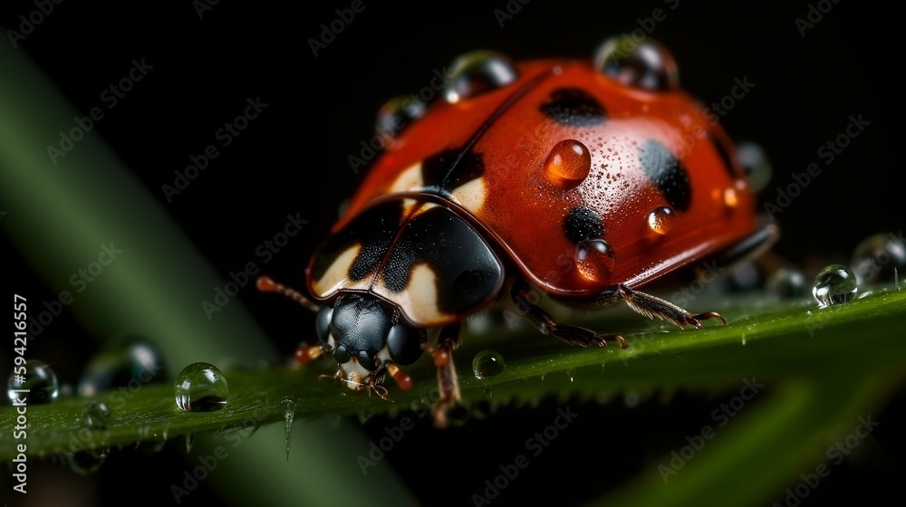 Ladybug and dewdrops, close-up, macro photography, Generative AI