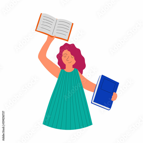 A woman reading or student studying and preparing for examination. Modern illustration of book lover, reader, literature fan isolated on white background. Flat design