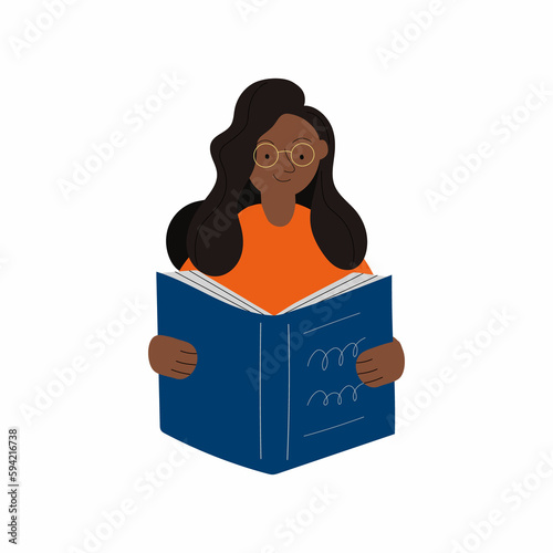 A woman reading or student studying and preparing for examination. Modern illustration of book lover, reader, literature fan isolated on white background. Flat design
