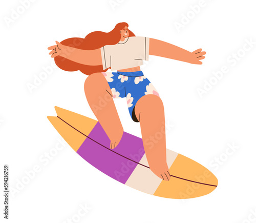 Woman surfer standing on board. Happy active girl on surfboard on holiday. Ex...