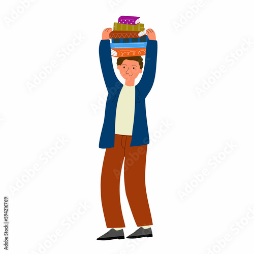  Modern illustration of book lover, reader, literature fan isolated on white background. Mаn holding books on his head. Flat design