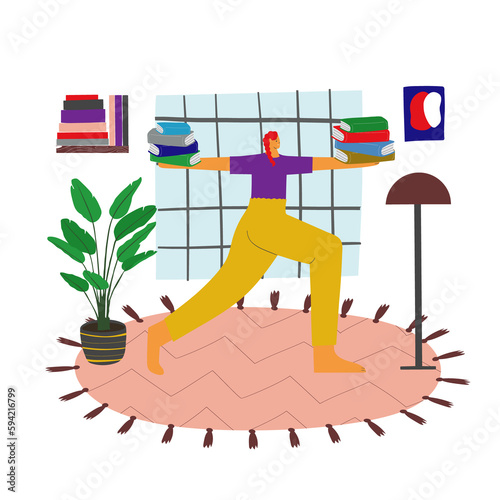 Bookcrossing concept. Happy woman doing yoga and holding the books. Modern illustration of book lovers, readers, literature fans isolated on white background. 