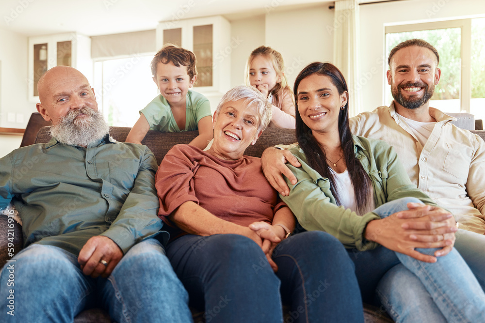 Portrait, love and family on couch, smile and bonding on weekend break, cheerful and relax in living room. Face, grandparents and mother with father, children and siblings on sofa, rest and joyful Portrait, love and family on couch, smile and bonding on weekend break, cheerful and relax in living room. Face, grandparents and mother with father, children and siblings on sofa, rest and joyful