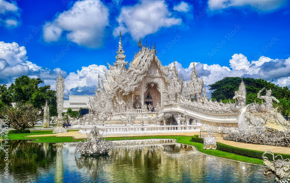 Famous Thailand temple or grand white church, Wat Rong Khun,at Chiang Rai province, northern Thailand