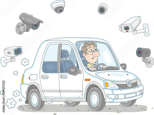 Frightened young man driving his car under observation of many surveillance cameras on a street of his town, vector cartoon illustration isolated on a white background