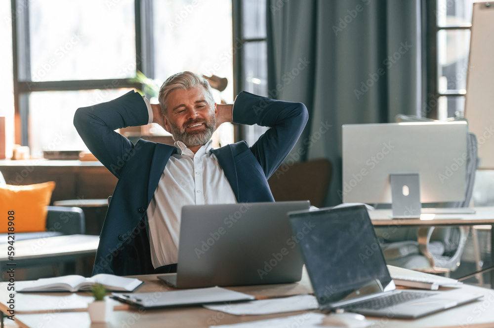 Taking a break, satisfied with success. Senior businessman is working in the office Taking a break, satisfied with success. Senior businessman is working in the office