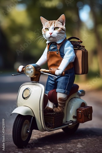 A cool cat going to school with a bike wearing a school dress and bag.  Generative AI