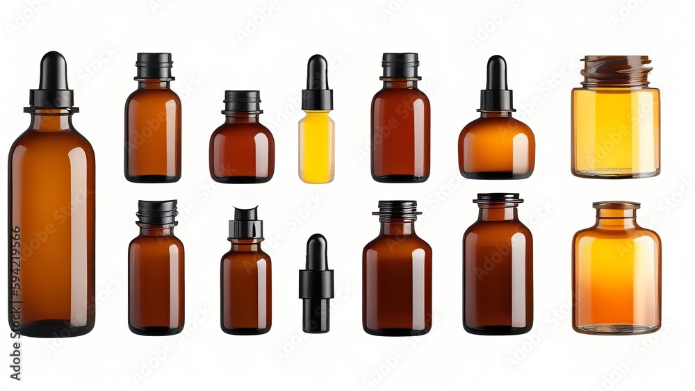 Various glass and metal bottles for cosmetics, herbal remedies, essential oils, or other liquids are shown alone on a white backdrop. Various glass and metal bottles for cosmetics, herbal remedies, essential oils, or other liquids are shown alone on a white backdrop.