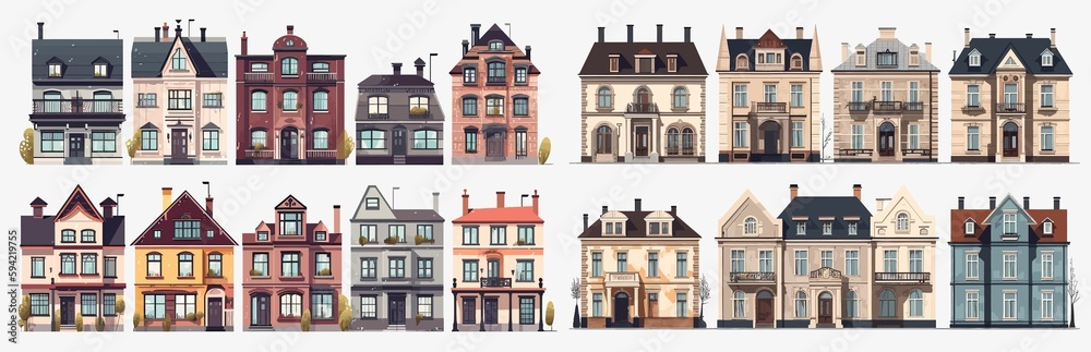 Houses exteriors set. Residential town buildings architecture. Generative AI - obrazy, fototapety, plakaty 