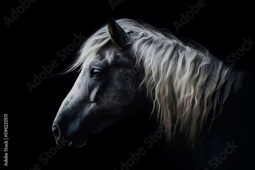Beautiful gray horse with long mane elegant portrait, contrast light black background, created with Generative AI technology