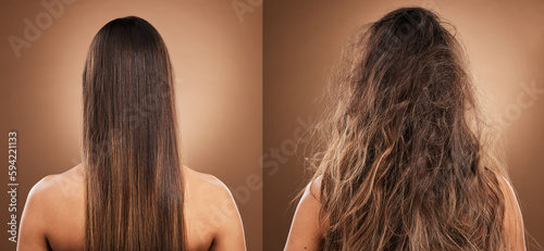 Принти на полотні Hair care, beauty and back of woman in studio with shiny, clean and messy dirty hairstyle