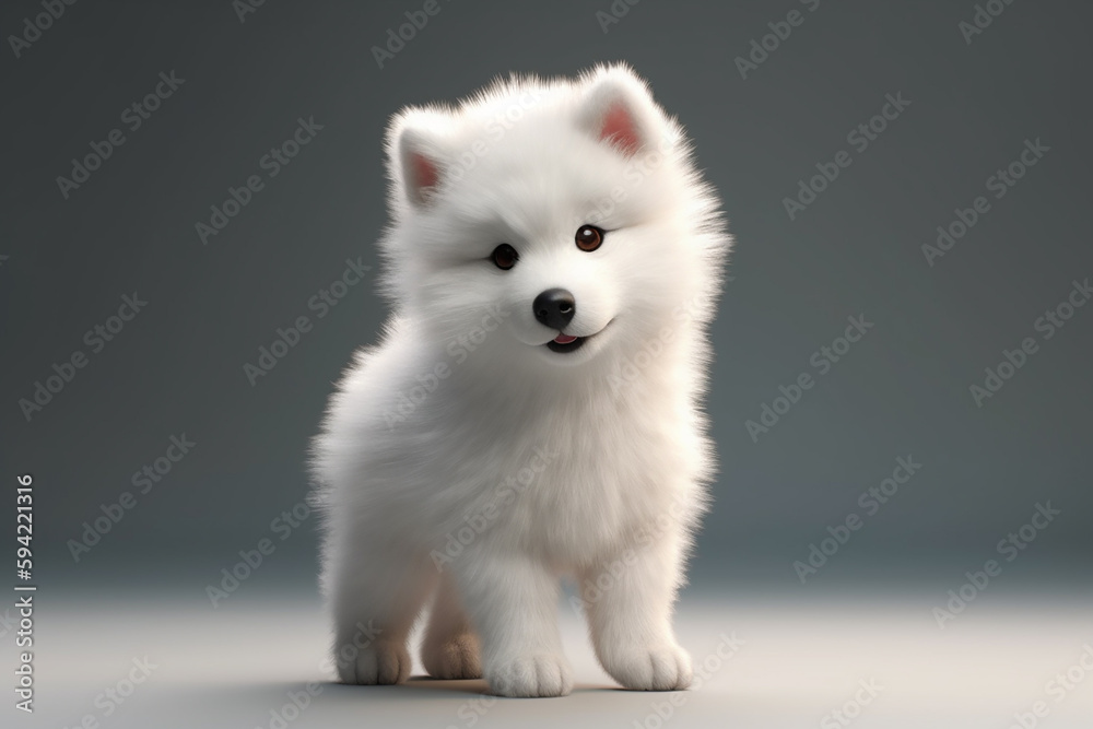 Animal puppy Samoyed, color white, full body.