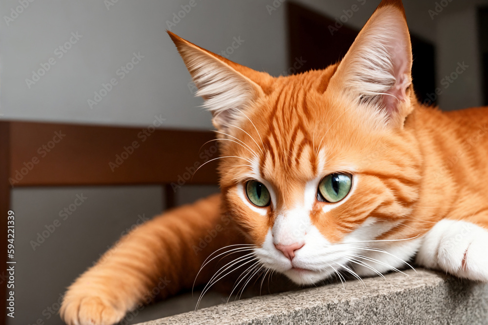 Portrait of a domestic red cat. Generative AI.