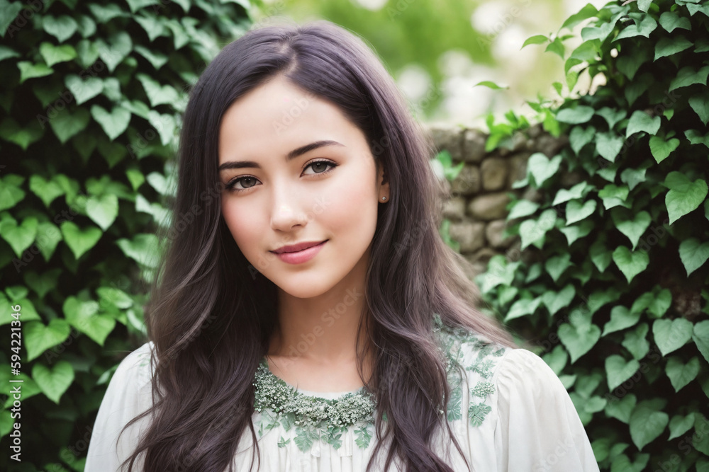 Portrait of a happy young woman with flowers in a garden. Generative AI. Portrait of a happy young woman with flowers in a garden. Generative AI.